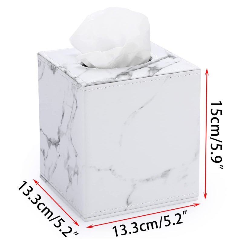Sumnacon Square Leather Tissue Box Cover - Stylish Cube Tissue Box Holder with Magnetic Bottom, Decorative PU Tissue Box for Vanity Dresser Night Stand Table Countertop Home Office Car, Marble White - Image 3